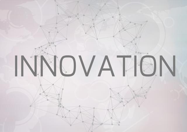 Abstract network background with the word 'innovation' prominently displayed. Ideal for business presentations, tech industry publications, trend analysis reports, and creative workshops. Depicts themes related to technological advancements, connectivity, and forward-thinking.
