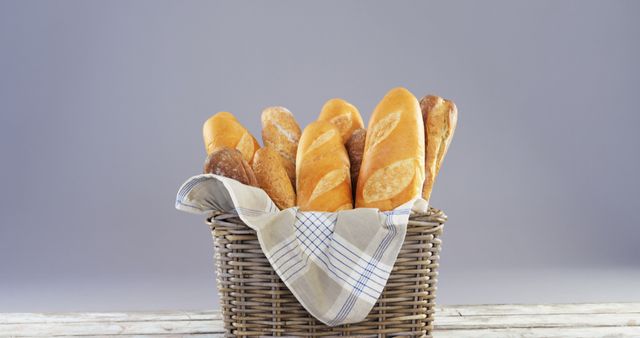 A wicker basket filled with fresh baguettes and bread, with copy space. The assortment of baked goods suggests a bakery setting or a preparation for a meal.