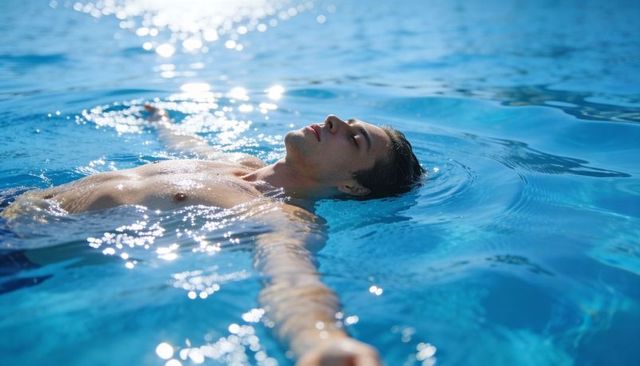 Young man floating on back in blue pool, relaxing with sparkling sunlit water ripples