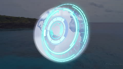 Digital Globe with Futuristic Interface Over Seascape