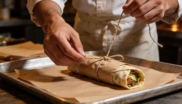 Chef tying twine around wrapped burrito on baking tray, rustic food wrap presentation