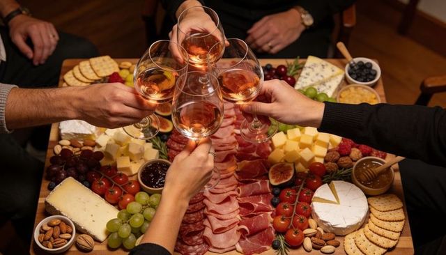 Friends toasting rosé over charcuterie board for cozy home gathering