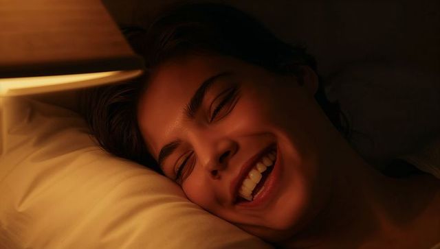 Young woman smiling and lying on pillow, bathing in soft warm bedside lamp glow at night