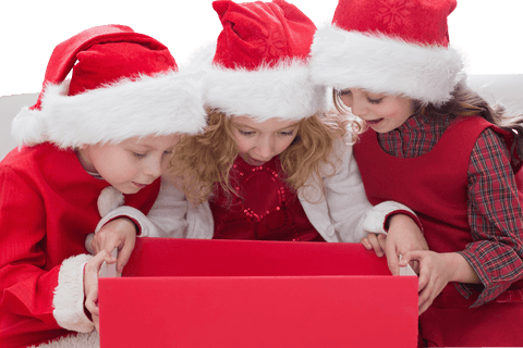 Joyful Children Wearing Santa Hats Opening Gift Box on Transparent Background