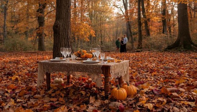 Autumn woodland tablescape with lace cloth, pumpkins and intimate rustic outdoor dinner