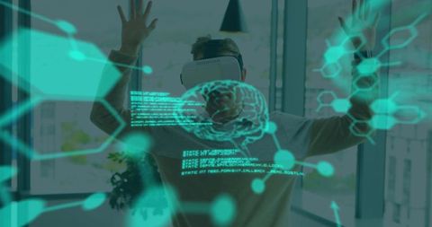 Caucasian Man Immersed in Virtual Reality with Scientific Projections