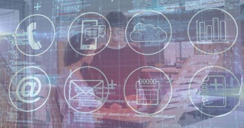 Coworkers collaborating with digital interface overlay