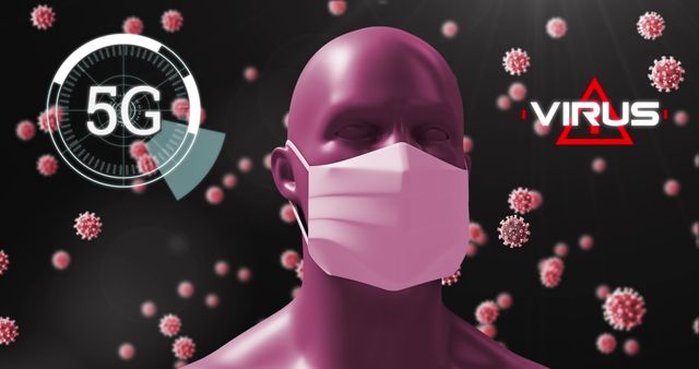 Futuristic digital illustration combining 5G technology elements with a human model in a face mask. This visual is used for digital content discussing the intersection of technology and health, particularly in themes around the COVID-19 pandemic and public safety measures. Suitable for use in articles, presentations, and educational materials that explore the impact of viruses in a modern technological context.