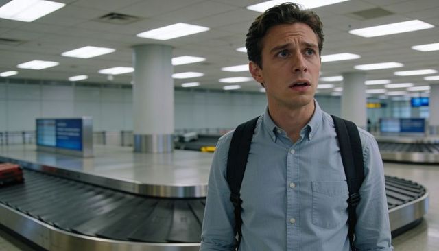 Man looking confused at airport baggage claim waiting by empty carousel with backpack