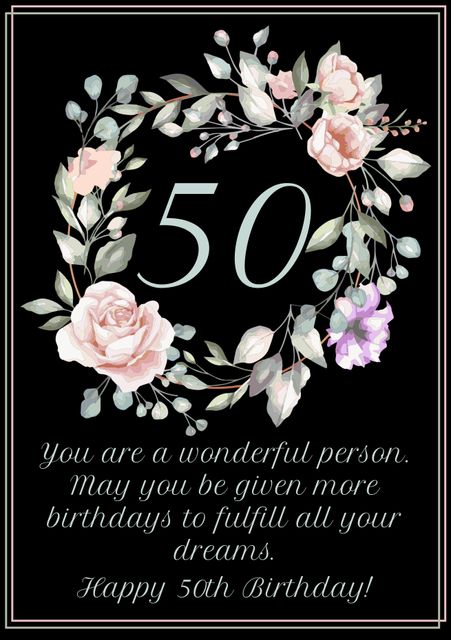 Elegant 50th Birthday Floral Wreath on Black Background - Download Free Stock Templates Pikwizard.com