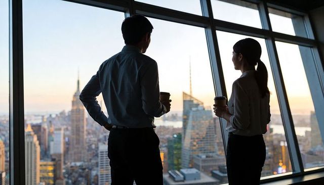 Business colleagues gazing at city skyline at sunset through high-rise office window