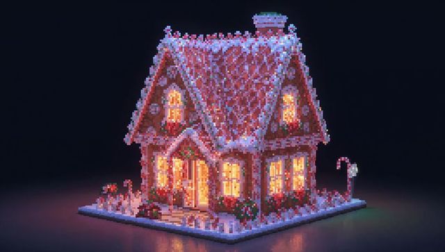 Glowing voxel gingerbread house ornament on reflective base with candy cane lamp