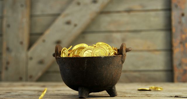 A rustic iron pot overflows with golden coins against a wooden barn door backdrop, with copy space. Symbolizing wealth and treasure, the image evokes a sense of discovery and prosperity.