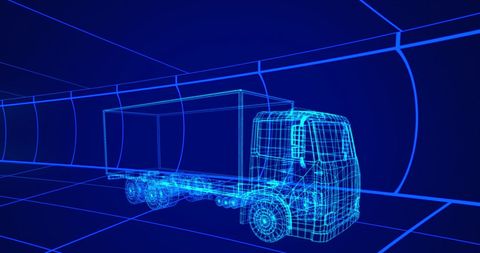 3d blueprint of modern truck with digital grid background