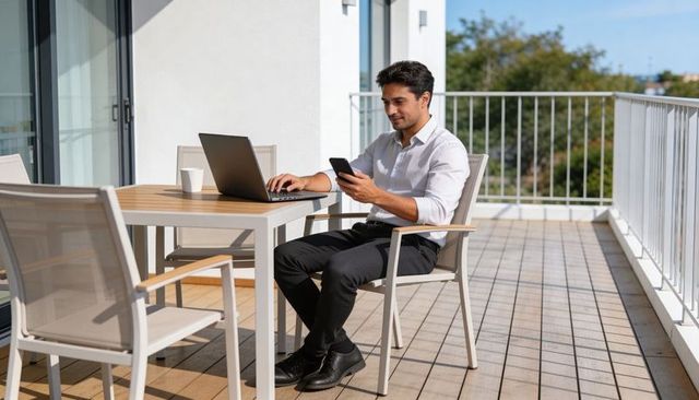 Businessman working remotely on sunny balcony with laptop, smartphone and coffee
