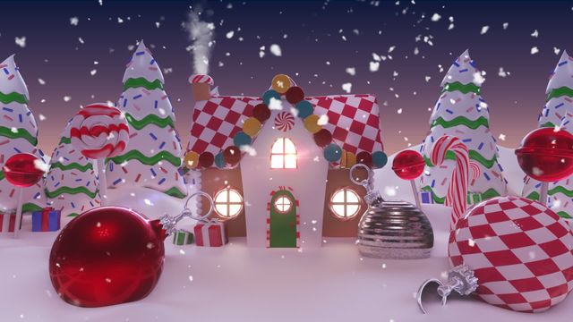 This whimsical Christmas animation shows a charming, snowy house surrounded by festively decorated trees. The scene is completed with colorful garlands, large ornaments, and falling snow, conveying an enchanting holiday atmosphere. Ideal for Christmas marketing, holiday greetings, children's animations, and seasonal promotions.