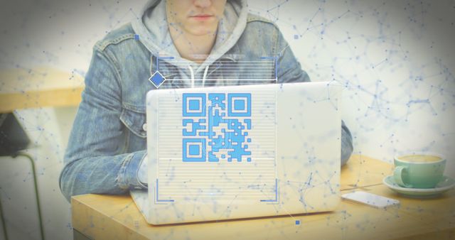 Composition of qr code and data processing over caucasian man using computer. Global data processing, digital interface and computing concept digitally generated image.