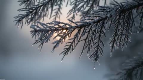 Sunlight Warming Rime-Coated Conifer Branch Dripping Ice Droplets at Sunrise
