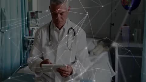 Senior Doctor Using Tablet in Hospital Room with Digital Network Overlay