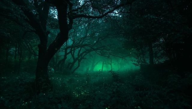 Gnarled tree arching over fern-strewn night woodland with emerald mist and fireflies