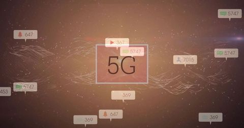 5g network visualization with floating notification bubbles and abstract data waveforms