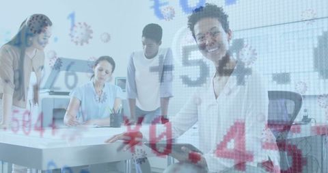 Business team collaborating amid digital data animation