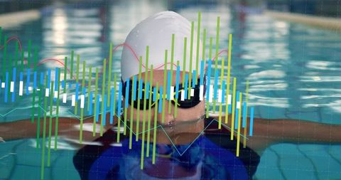 Swimmer tracking performance with digital analytics overlay in pool for sports technology