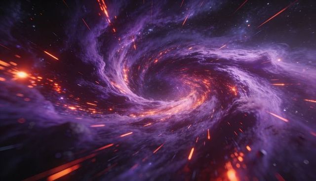 Swirling violet nebula vortex emitting orange plasma filaments and blazing particle trails