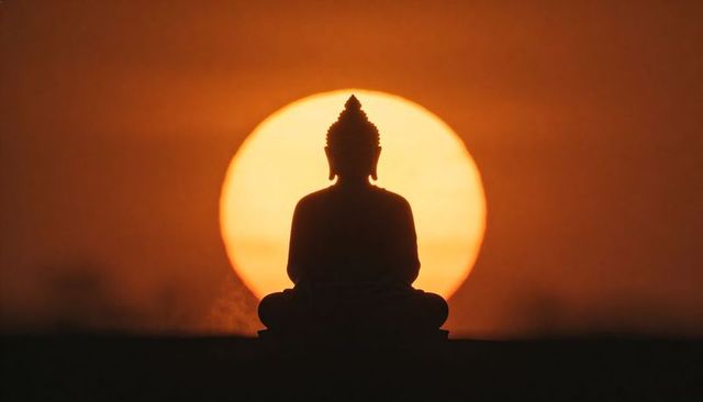 Seated buddha meditating at sunset with glowing sun disk silhouette and mist