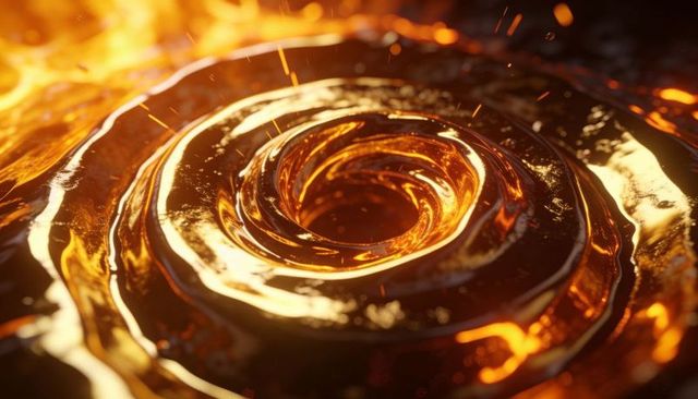 Molten amber vortex spiral of glossy metallic rings with luminous ember glow macro texture