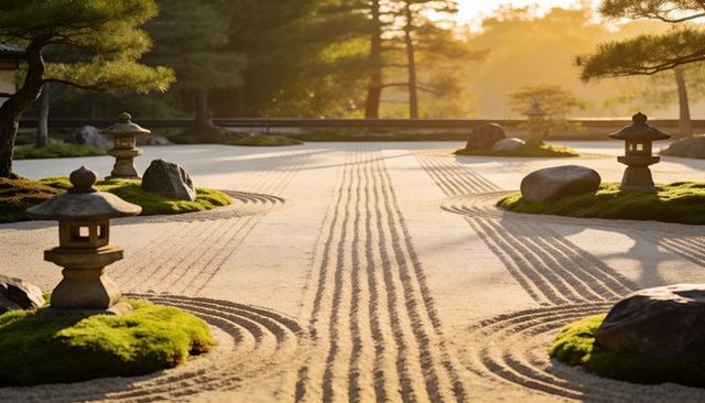 Zen garden raked sand leading toward stone lanterns at golden sunrise