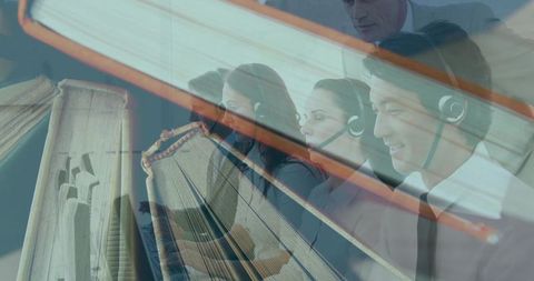 Call center team wearing headsets overlaid with vintage ledger, diagonal orange accent