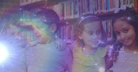 Diverse schoolchildren in library with light trails symbolizing knowledge