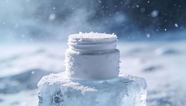 Frosted cosmetic jar resting on ice block in snowy winter close-up with crystal frost