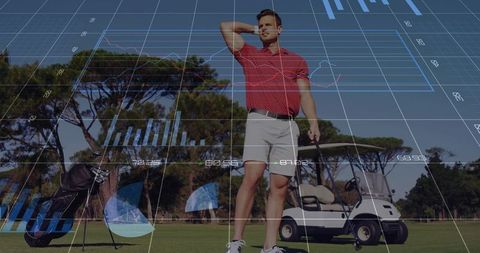 Golfer on Sunny Fairway with Data Overlay Analyzing Performance Metrics