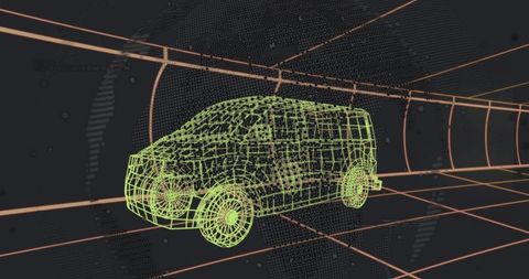 Neon Wireframe Van on Cyber Grid — Futuristic 3D CAD Render for Automotive Concept