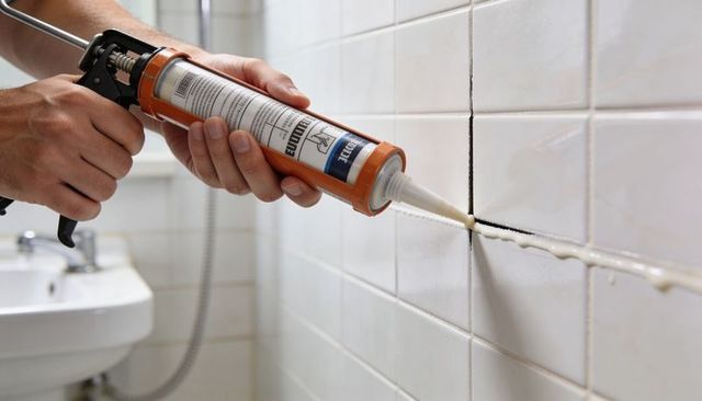 Applying white silicone sealant into tile grout with caulking gun for diy bathroom repair