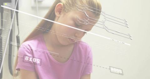 Young girl sitting in clinic lowering gaze with medical hud overlays and diagnostic tools
