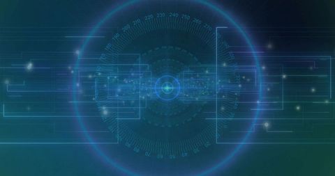 Pulsing Circular HUD Interface with Central Node and Futuristic Data Grid Visualization