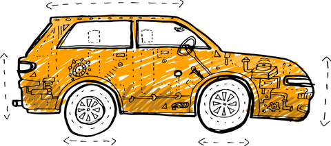 Yellow transparent car diagram with engineering details