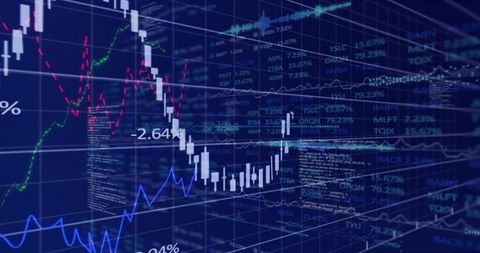 Rising Candlestick Chart with 3D Trading Dashboard and Multicolored Technical Indicators