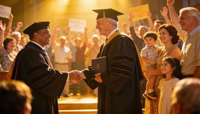 Senior honoree receiving diploma, shaking hands with presenter during graduation ceremony
