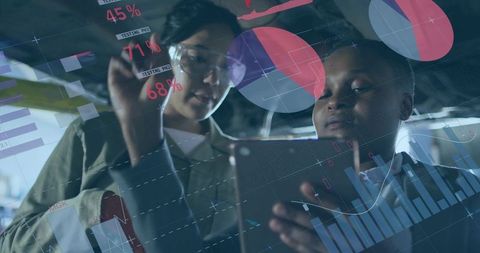 Two Women Collaborating with Futuristic Data Analytics