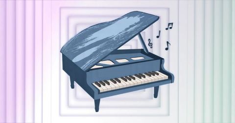 Blue Grand Piano Illustration Featuring Gradient Squares and Floating Music Notes