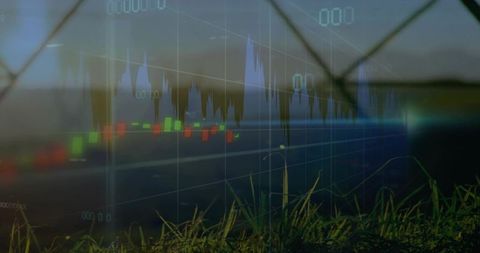 Overlaying Candlestick Stock Chart on Roadside Guardrail and Grassy Verge, Financial Data Visualizat