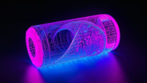 Neon wireframe cylinder with inner sphere cavity futuristic glowing mesh blue-pink glow