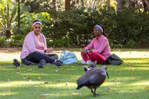 Women sitting on park grass in pink activewear chatting and relaxing with birds nearby