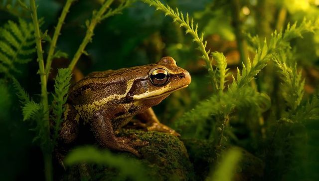 Brown-green frog perching on mossy rock amid ferns, showing golden eye and textured skin