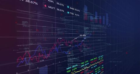 Futuristic Financial Dashboard Showing Layered Market Charts and Colored Trend Lines