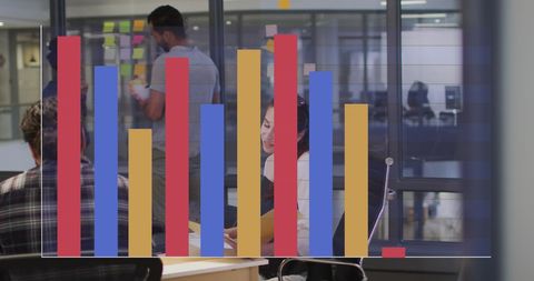 Diverse team analyzing dynamic bar chart data in modern office